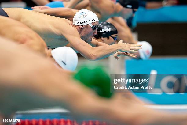 Jeremy Stravius of France competes in the Men's 4 x 200m Freestyle heat 1 on Day 4 of the London 2012 Olympic Games at the Aquatics Centre on July...