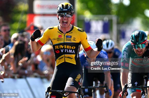 Olav Kooij of The Netherlands and Team Jumbo-Visma celebrates at finish line as race winner during the 16th Heylen Vastgoed Heistse Pijl 2023 a...