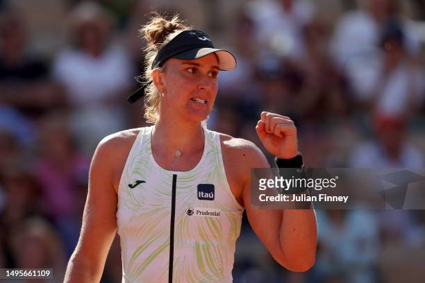 Beatriz Haddad Maia of Brazil celebrates a point against Ekaterina Alexandrova during the Women's Singles Third Round Match on Day Seven of the 2023...