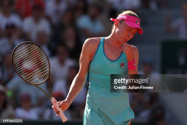 Ekaterina Alexandrova looks dejected against Beatriz Haddad Maia of Brazil during the Women's Singles Third Round Match on Day Seven of the 2023...