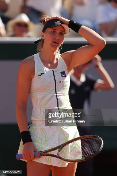 Beatriz Haddad Maia of Brazil reacts against Ekaterina Alexandrova during the Women's Singles Third Round Match on Day Seven of the 2023 French Open...