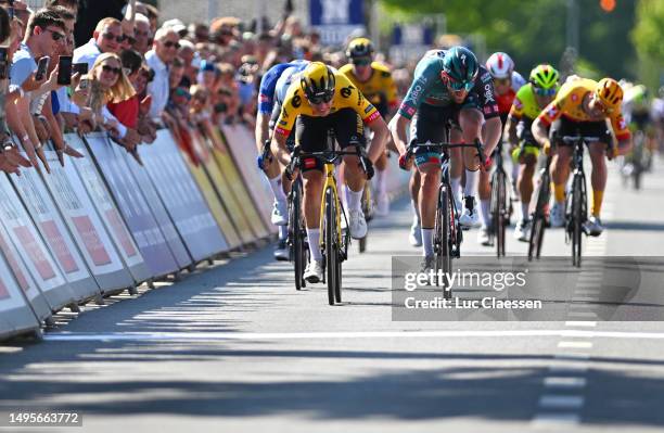 Olav Kooij of The Netherlands and Team Jumbo-Visma and Jordi Meeus of Belgium and Team BORA - hansgrohe sprint at finish line during the 16th Heylen...