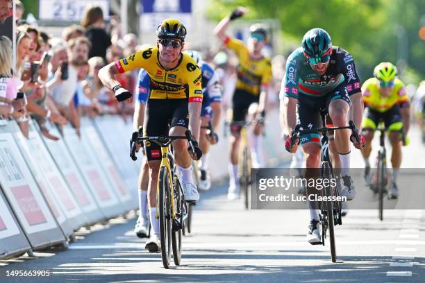 Olav Kooij of The Netherlands and Team Jumbo-Visma celebrates at finish line as race winner ahead of Jordi Meeus of Belgium and Team BORA - hansgrohe...