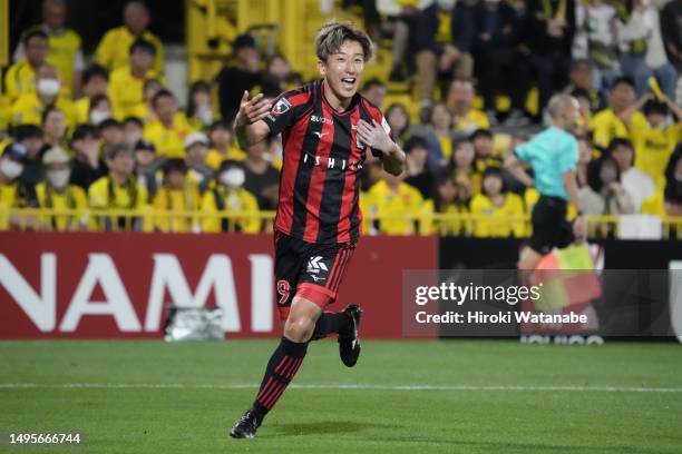 Takuro Kaneko of Consadole Sapporo celebrate scoring his team's fourth during the J.LEAGUE Meiji Yasuda J1 16th Sec. Match between Kashiwa Reysol and...