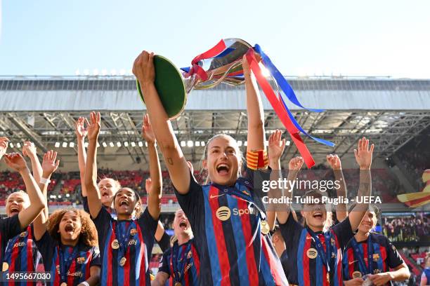 Alexia Putellas of FC Barcelona celebrates with the UEFA Women's Champions League Trophy after the team's victory during the UEFA Women's Champions...