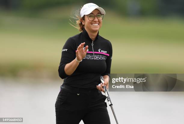 Marina Alex of the United States reacts after a putt on the fourth green during the third round of the Mizuho Americas Open at Liberty National Golf...