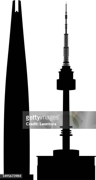 seoul towers silhouette - lotte world tower stock illustrations