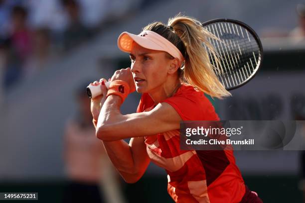 Lesia Tsurenko of Ukraine plays a backhand against Bianca Andreescu of Canada during the Women's Singles Third Round Match on Day Seven of the 2023...