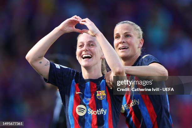 Keira Walsh of FC Barcelona celebrates with Ana-Maria Crnogorcevic after during the UEFA Women's Champions League final match between FC Barcelona...