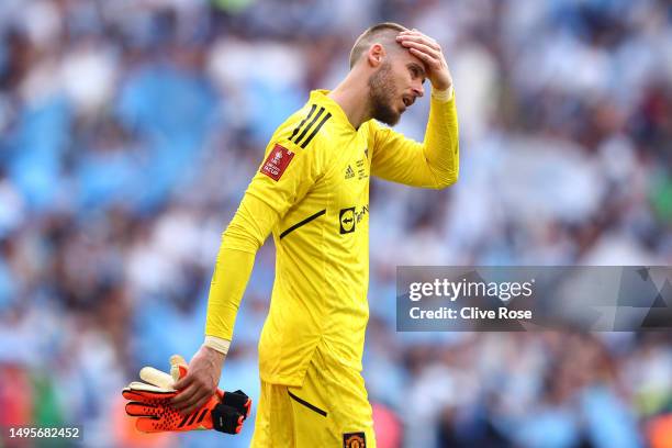 David De Gea of Manchester United looks dejected following the team's defeat in the Emirates FA Cup Final between Manchester City and Manchester...