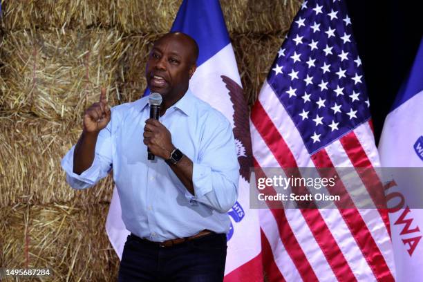 Republican presidential candidate Senator Tim Scott speaks to guest during the Joni Ernst's Roast and Ride event on June 03, 2023 in Des Moines,...