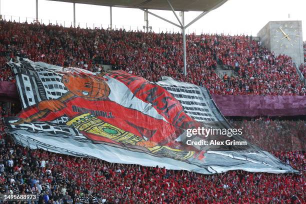 Leipzig fans show their support during the DFB Cup final match between RB Leipzig and Eintracht Frankfurt at Olympiastadion on June 03, 2023 in...