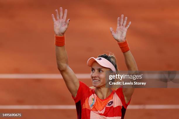 Lesya Tsurenko of Ukraine celebrates winning match point against Bianca Andreescu of Canada during the Women's Singles Third Round Match on Day Seven...