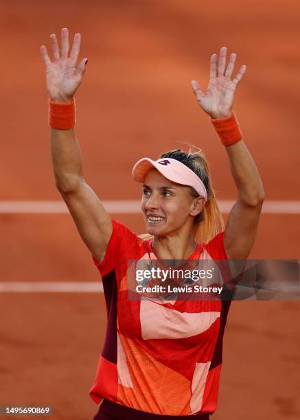 Lesya Tsurenko of Ukraine celebrates winning match point against Bianca Andreescu of Canada during the Women's Singles Third Round Match on Day Seven...