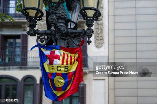 Barça flag during the celebration of FC Barcelona Women's Champions League victory, at Rambla de Canaletas, on June 3 in Barcelona, Catalonia, Spain....