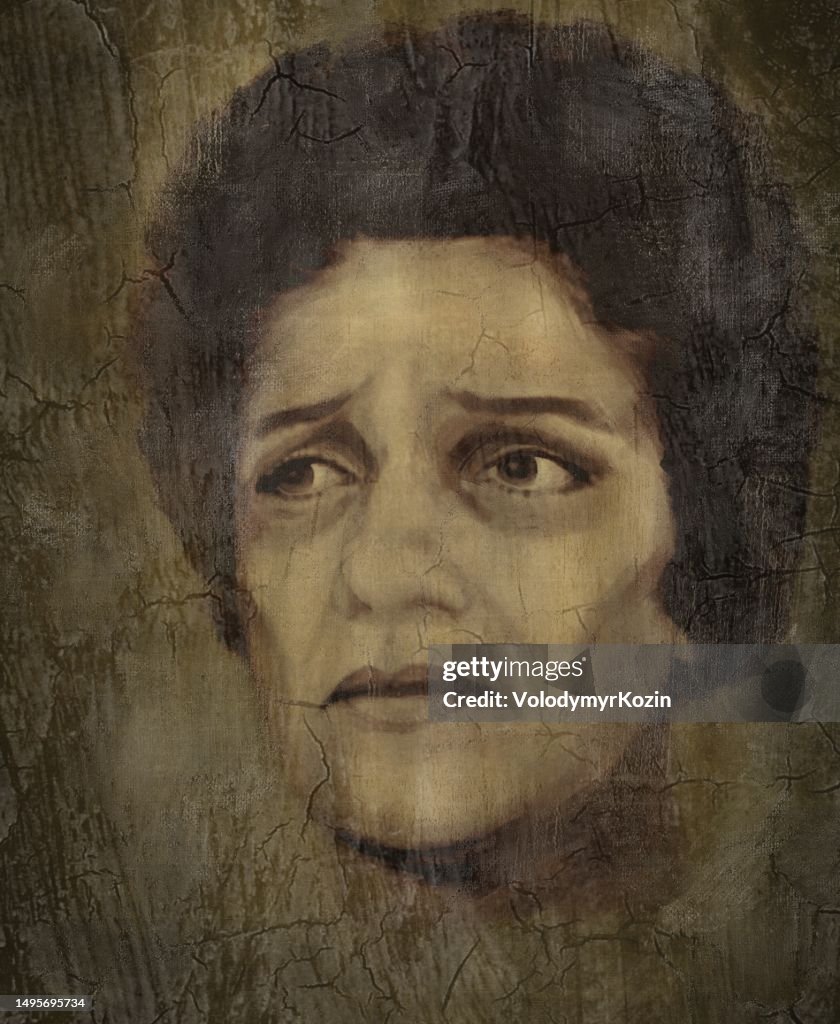 The face of a dark-skinned middle-aged woman. Illustration of sadness, loss