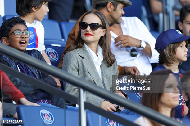 Natalie Portman is seen during the Ligue 1 match between Paris Saint-Germain and Clermont Foot at Parc des Princes on June 03, 2023 in Paris, France.