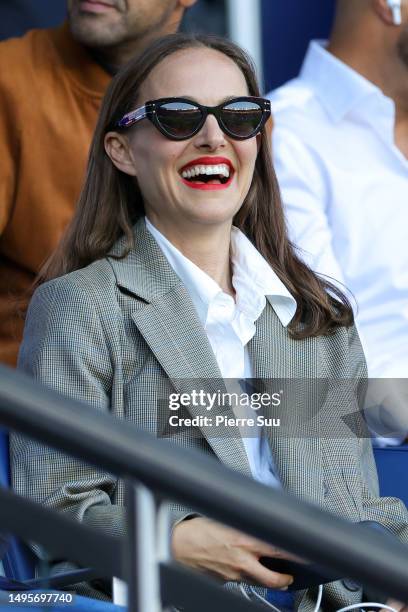 Natalie Portman is seen during the Ligue 1 match between Paris Saint-Germain and Clermont Foot at Parc des Princes on June 03, 2023 in Paris, France.