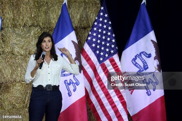 Republican presidential candidate former UN Ambassador Nikki Haley speaks to guests during the Joni Ernst's Roast and Ride event on June 03, 2023 in...