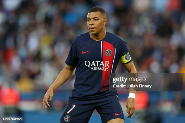 Kylian Mbappe of Paris Saint-Germain looks on during the Ligue 1 match between Paris Saint-Germain and Clermont Foot at Parc des Princes on June 03,...