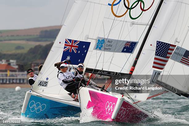 Anna Tunnicliffe, Debbie Capozzi and Molly O'Bryan Vandemoer of the United States compete in the Women's Elliott 6m WMR Sailing on Day 3 of the...