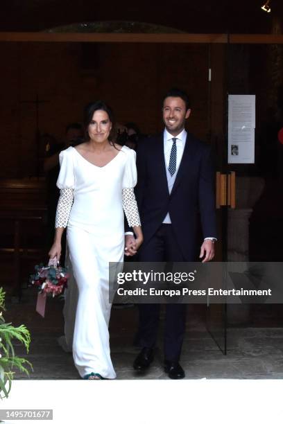 Claudia Collado and Matias Prats Jr. Are seen leaving the church after their wedding on June 3, 2023 in Sant Marti d'Empuries, Catalonia, Spain.
