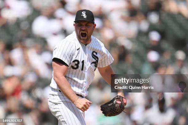 Liam Hendriks of the Chicago White Sox reacts after getting a strikeout to end the top half of the seventh inning against the Detroit Tigers at...