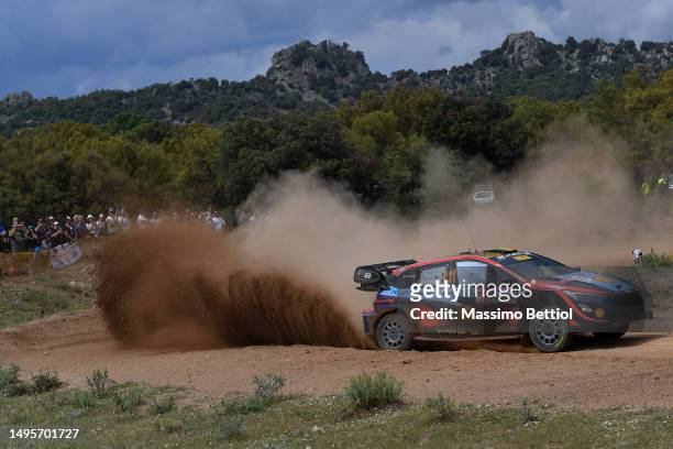 Thierry Neuville of Belgium and Martijn Wydaeghe of Belgium compete with their Hyundai Shell Mobis WRT Hyundai i20 N Rally1 Hybrid during day Three...