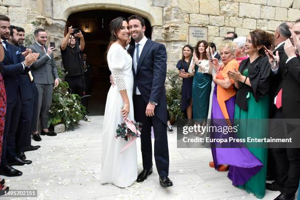 Claudia Collado and Matias Prats Jr. Are seen leaving the church after their wedding on June 3, 2023 in Sant Marti d'Empuries, Catalonia, Spain.
