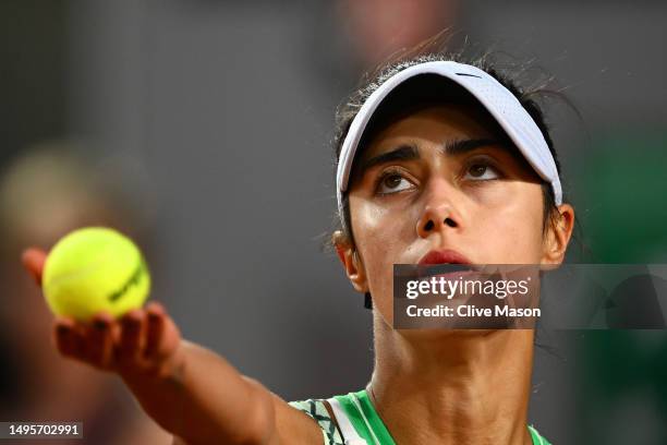 Olga Danilovic of Serbia serves against Ons Jabeur of Tunisia during the Women's Singles Third Round Match on Day Seven of the 2023 French Open at...
