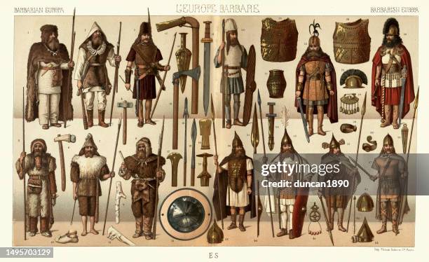 stockillustraties, clipart, cartoons en iconen met costumes and fashions of ancient europe, barbarians, bronze and iron ages, iberians and slavs, ancient history - barbaar