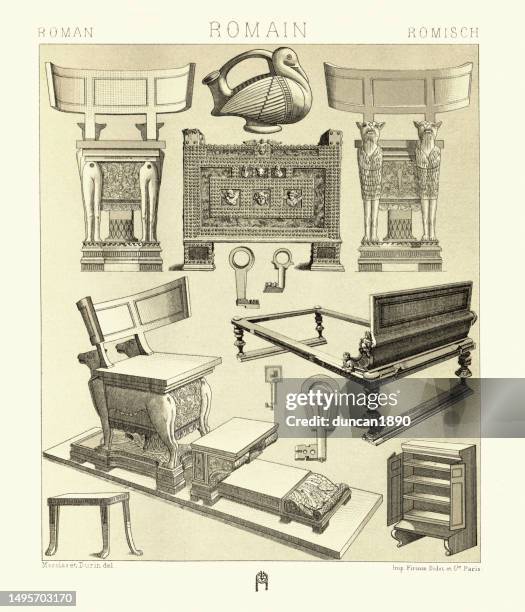 examples of ancient roman furniture and household objects, curule chair wooden bedframe, table, cupboard, safe and key - empire style furniture stock illustrations
