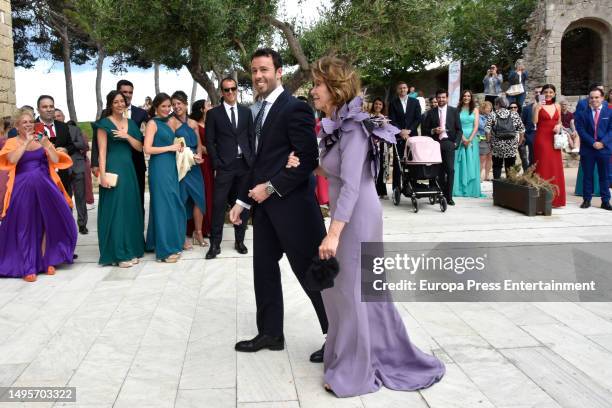 Matias Prats Jr. Arriving with his mother, Maite Chacon, are seen arriving to the church for his wedding on June 3, 2023 in Sant Marti d'Empuries,...