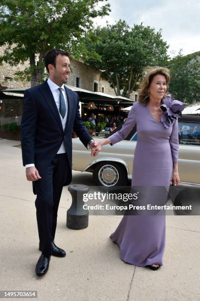 Matias Prats and Ruth Izcue are seen arriving to the church for the wedding on June 3, 2023 in Sant Marti d'Empuries, Catalonia, Spain.
