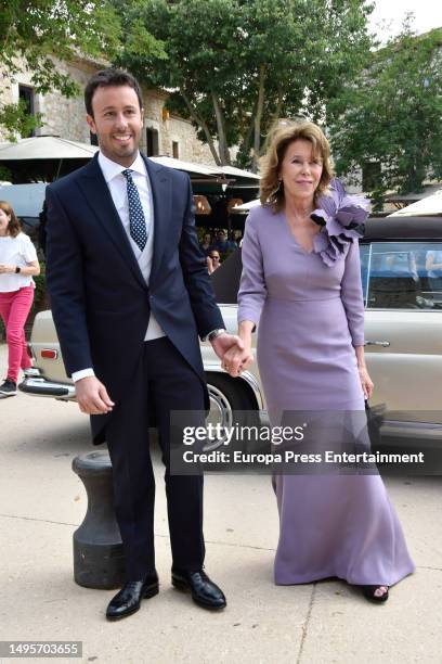 Matias Prats and Ruth Izcue are seen arriving to the church for the wedding on June 3, 2023 in Sant Marti d'Empuries, Catalonia, Spain.