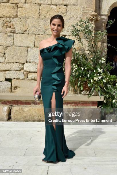 Journalist Lucia Villalon are seen arriving to the church for the wedding on June 3, 2023 in Sant Marti d'Empuries, Catalonia, Spain.