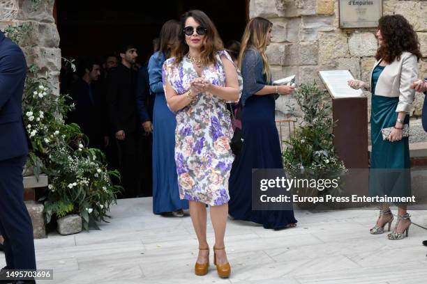 Journalist Carme Chaparro is seen arriving to the church for the wedding on June 3, 2023 in Sant Marti d'Empuries, Catalonia, Spain.