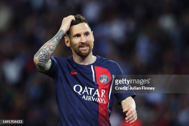 Lionel Messi of Paris Saint-Germain reacts during the Ligue 1 match between Paris Saint-Germain and Clermont Foot at Parc des Princes on June 03,...