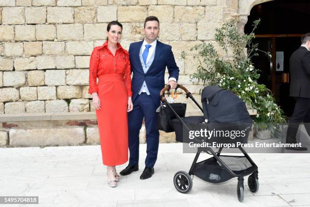 Journalist Cristina Pampin with her partner Ruben Ruiz are seen arriving to the church for Prats' son's wedding on June 3, 2023 in Sant Marti...
