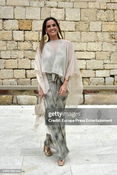 Journalist Ana Cuesta is seen arriving to the church for the wedding on June 3, 2023 in Sant Marti d'Empuries, Catalonia, Spain.