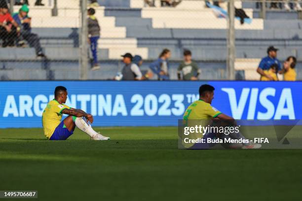 Andrey Santos of Brazil look dejected following the team's defeat in the FIFA U-20 World Cup Argentina 2023 Quarter Finals match between Israel and...