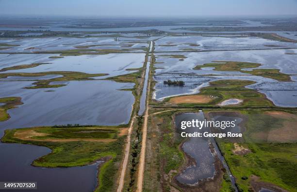 Flooded farmland, located near the confluence of the Sacramento and San Joaquin Rivers, is viewed from the air on May 22 near Rio Vista, California....