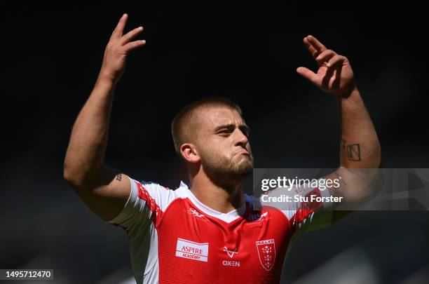 Hull KR player Mikey Lewis gee's up the crowd during the Betfred Super League Magic Weekend match between Salford Red Devils and Hull KR at St James'...