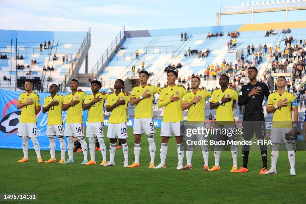 Players of Colombia line up for the national anthem prior to FIFA U-20 World Cup Argentina 2023 Quarter Finals match between Colombia and Italy at...