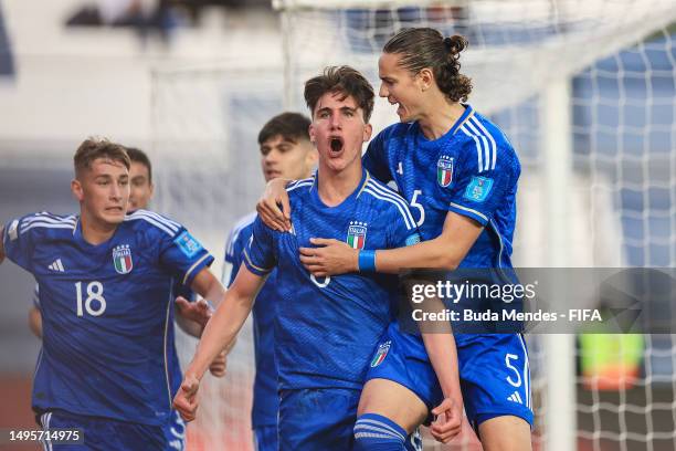 Cesare Casadei of Italy celebrates with his teammates after scoring the team's first goal during FIFA U-20 World Cup Argentina 2023 Quarter Finals...