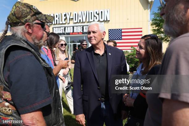 Former Vice President Mike Pence meets other riders before for the start of Joni Ernst's Roast and Ride on June 03, 2023 in Des Moines, Iowa. The...