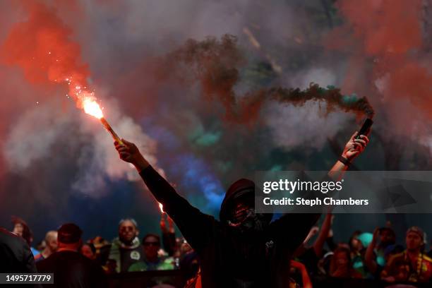 Seattle Sounders supporters make their way to Lumen Field before the game against the Portland Timbers on June 03, 2023 in Seattle, Washington.