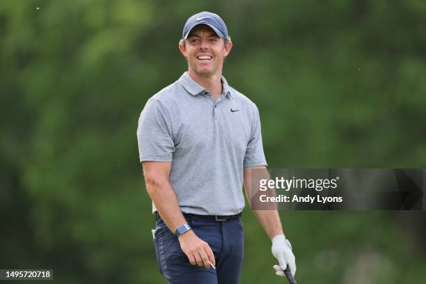 Rory McIlroy of Northern Ireland reacts to a shot from the 18th tee during the third round of the Memorial Tournament presented by Workday at...