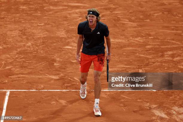 Alexander Zverev of Germany celebrates winning match point against Frances Tiafoe of United States during the Men's Singles Third Round Match on Day...