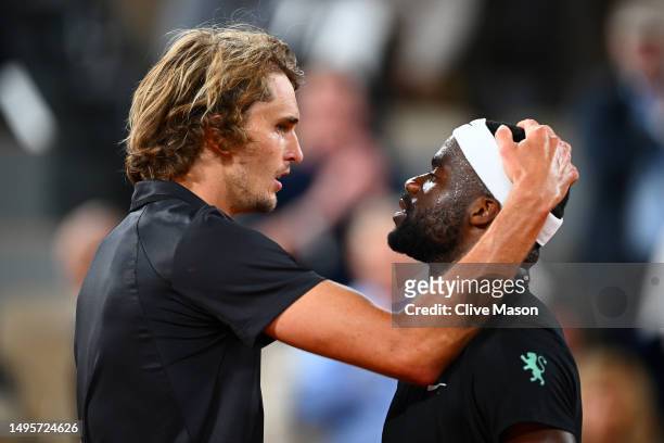 Alexander Zverev of Germany embraces Frances Tiafoe of United States after their Men's Singles Third Round Match on Day Seven of the 2023 French Open...